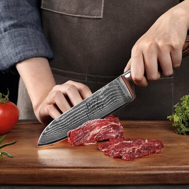 Японський ніж Santoku Wakoli EDIB з дамаської сталі (серцевина VG10), 17 см – гострий ніж для кухні та приготування їжі, преміум якість, з дерев'яною ручкою Pakkaholz, подарункова коробка з гравіюванням логотипу