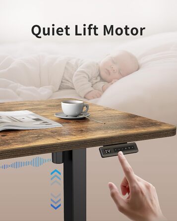 Електричний стіл CUBICUBI з регулюванням висоти, 140 x 60 см. Стельовий стіл з T-подібними ніжками зі сталі, пам'ять керування, антиколізійна система, чорний каркас/коричнева стільниця