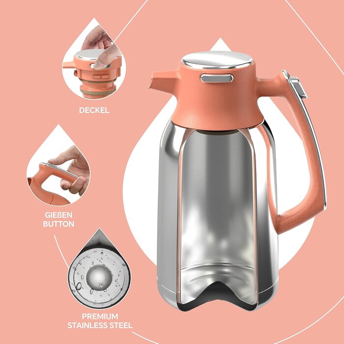 Термос IDEUS 2л з нержавіючої сталі, двостінний, вакуумна ізоляція, для кави та чаю, BPA-free, колір Celadon (кораловий)