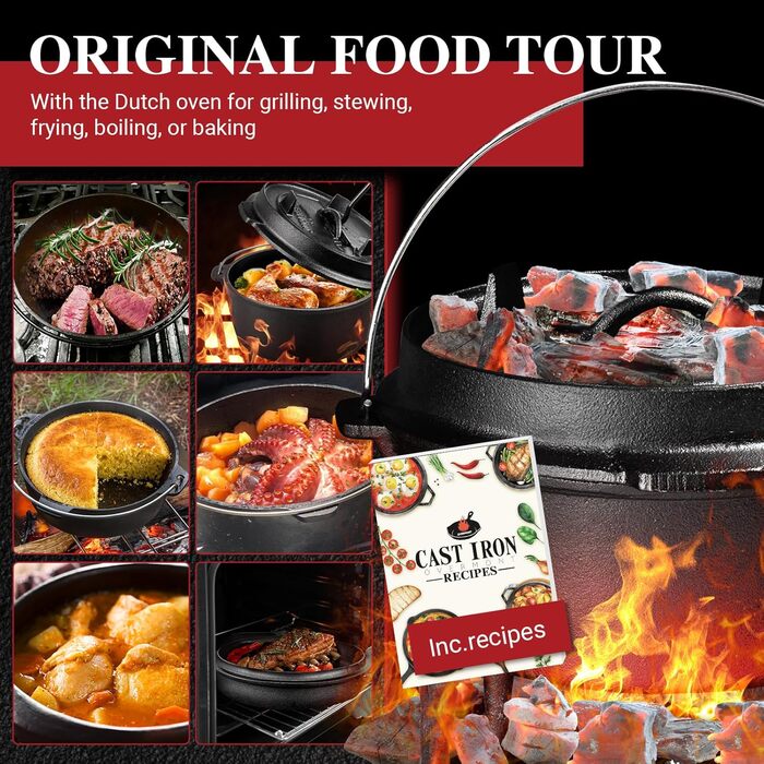 Чавунний казан OVERMONT Dutch Oven (розмір L) для багаття та кемпінгу, з двосторонньою кришкою, ніжками та піднімачем