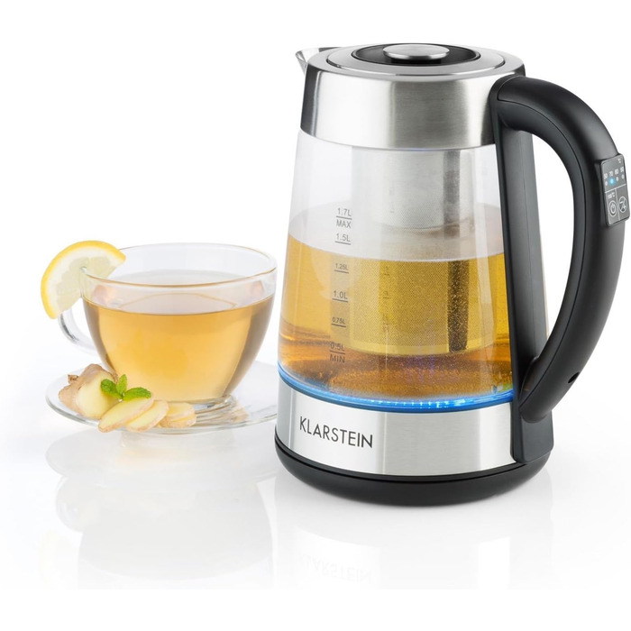 Електричний чайник Klarstein Ostfriese з частуванням, 1.7 л, 2200 Вт, 4 температурні режими, Cool-Touch, нержавіюча сталь & скло