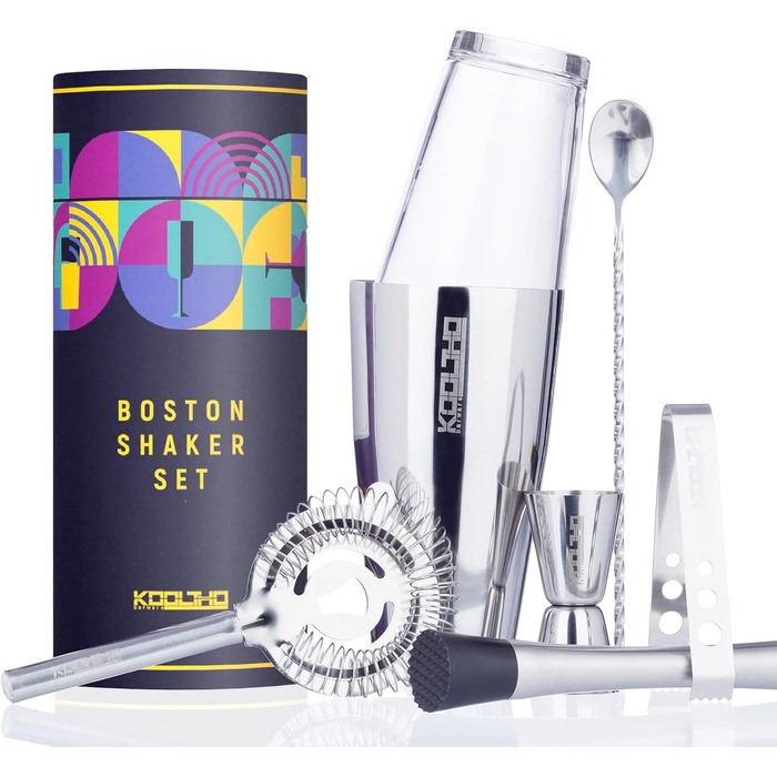 Набір шейкер для коктейлів Boston Shaker Set: скло, нержавіюча сталь, професійний барменський набір з ситечком Hawthorne