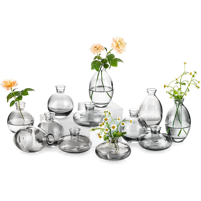Маленькі вази для прикраси столу, вінтажна ваза ручної роботи, міні-ваза з 3 предметів, скляна ваза для квітів, сучасний набір, велика гладка ваза з гідропонного скла для прикраси квітів, весільного столу, вітальні (4 комплекти, сірого кольору)