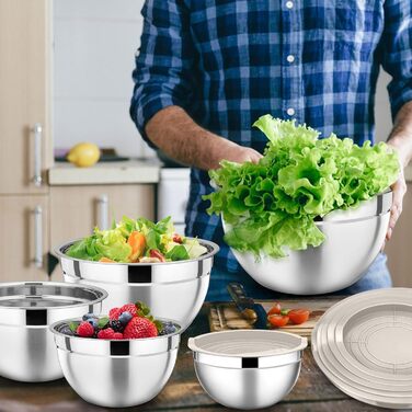 Набір мисок HaWare 7 шт. з нержавіючої сталі з кришками, 6.5/4.5/3/2.5/1.5/1.2/0.7L, для приготування, випікання, салатів, миття в посудомийній машині, Khaki/Нержавіюча сталь