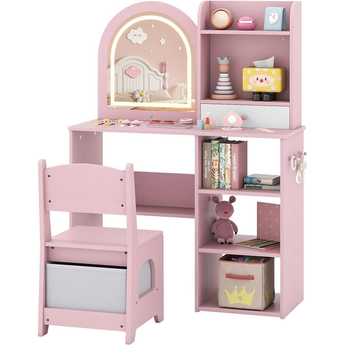 Детский туалетный столик Dreamade для девочек с LED-подсветкой, принцесса, деревянный, с полками и 5 ящиками, белый (с полками, розовый)