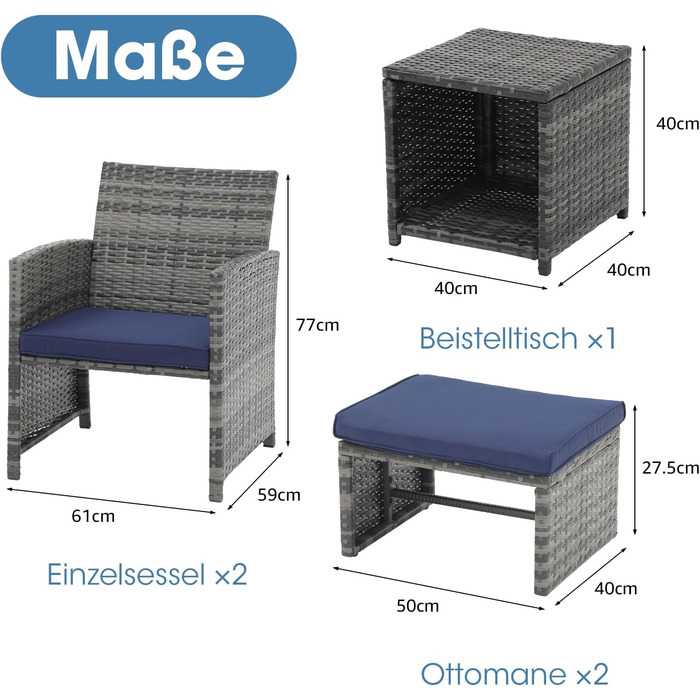 Комплект меблів для балкона з 5 предметів OC Orange-Casual, плетений PE-ротанг, 2 садових крісла з приставним столиком і пуфом, подушки в комплекті, набір бістро для саду, балкона, тераси, внутрішніх приміщень
