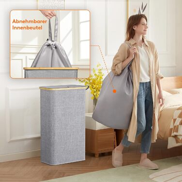 Кошик для білизни Lifewit з кришкою, вузький, складний, 75л, бамбук, сірий