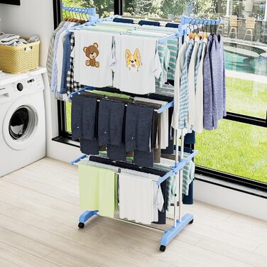 Вертикальна сушарка для білизни SIMPDIY з 6 складаними крилами та колесами, підлогова баштова сушарка для одягу для дому та вулиці, синя