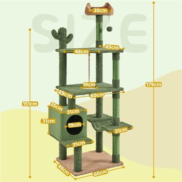 Котяче дерево Кігтеточка для кішок велика, стійка з лежачим коритом Плюшева сизалева мотузка, висота до стелі Дерево для котів Зелено-коричневе, 179