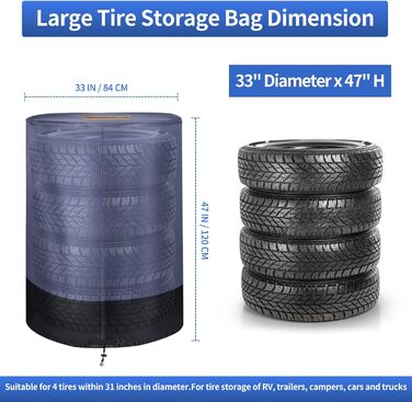 Чохол для коліс автомобіля, великий, міцний, 420D, універсальний, для 4 коліс, з блискавкою, вологостійкий, з світловідбиваючими смугами (Ø 84cm x H 120cm), сірий & чорний
