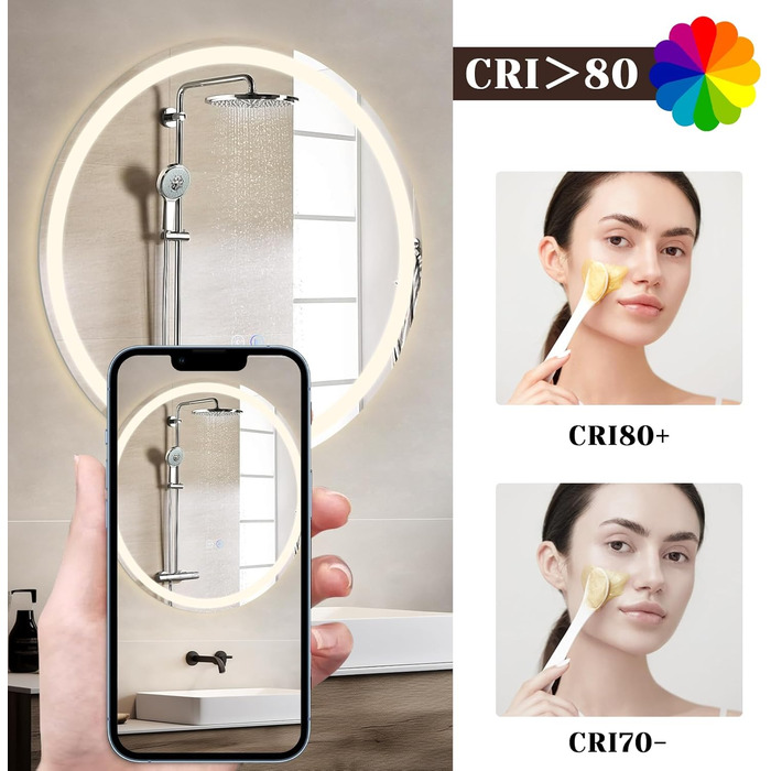 Дзеркало для ванної кімнати Mursche з підсвічуванням LED, 50x70 см, IP44, сенсорний вимикач, годинник, антизапар, регулювання яскравості 3000K-6500K