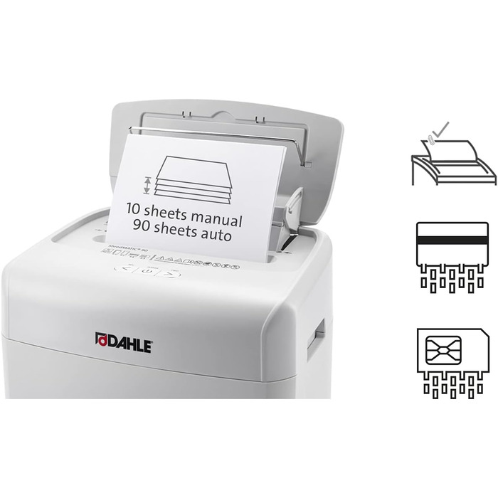 Шредер Dahle ShredMATIC 90 з автоподачею паперу (90 аркушів, P-4, шредер частинами, без масла та обслуговування, автоматичний втягувач) світло-сірий/сірий, рівень безпеки P4, 90 аркушів