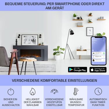 Електрокамін Klarstein Light & Fire 2 Smart, 2000 Вт, LED-імітація полум'я, настінний, з дистанційним керуванням і таймером, енергозберігаючий, чорний, корпус MDF