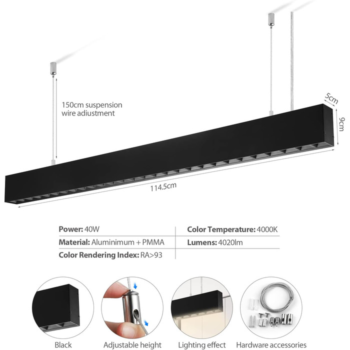 Підвісний світильник Zewanny LED 40W, 4000K, регульований по висоті 150см, чорний, для їдальні/вітальні/кухні