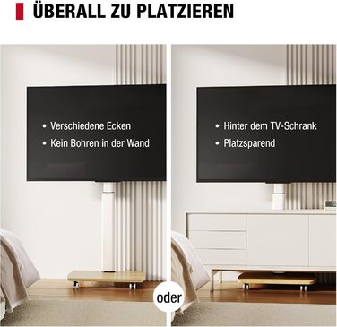 Підставка для телевізора на колесах з полицею, для телевізорів 32-65 дюймів, до 35 кг, поворотна на 90°, регульована по висоті, VESA 400x400mm (Білий+Натуральний колір)