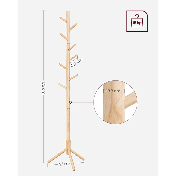 Стійка для одягу VASAGLE з масиву дерева, 8 гачків, 3 регульовані висоти, для одягу, шапок, сумок, вітальня, спальня, офіс, RCR04GY (натуральний колір)
