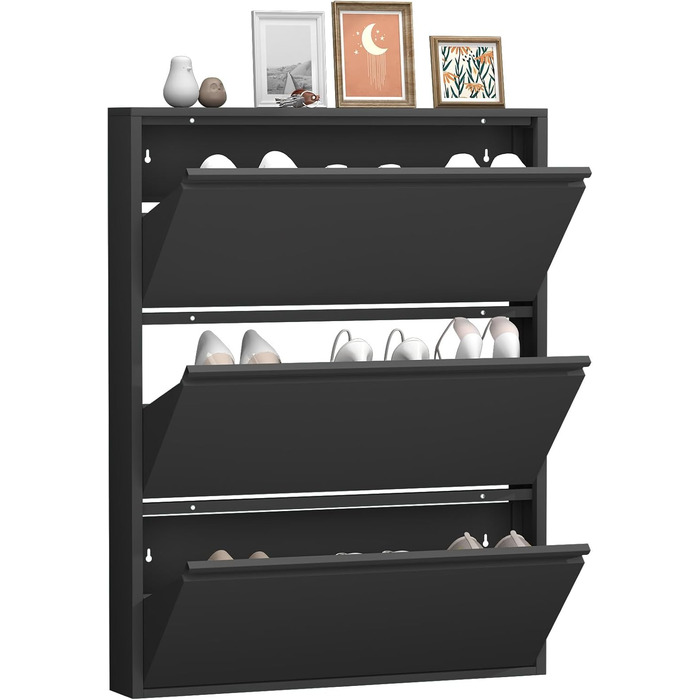 Взуттєва шафа GREATMEET для передпокою, вузька, настінна, металева, з 3 висувними ящиками (чорна)