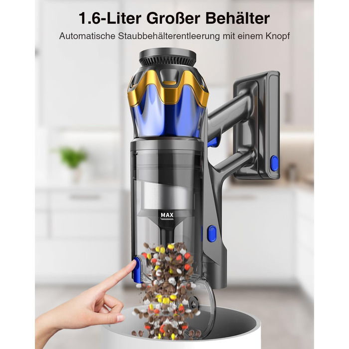 Бездротовий акумуляторний пилосос 45000 Па/550 Вт/65 хв, об'єм 1,6 л з дисплеєм, антизаплутана щітка, самостійна парковка, док-станція на стіні, 8-шарова фільтрація, тихий, для шерсті тварин/килимів/твердих поверхонь/автомобіля, блакитний