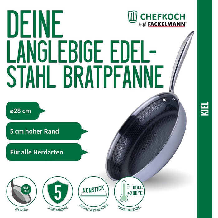 Сковорода Chefkoch від Fackelmann – діаметр 28 см, преміум-якість, антипригарне покриття, нержавіюча сталь, для всіх типів плит (включно з індукцією)