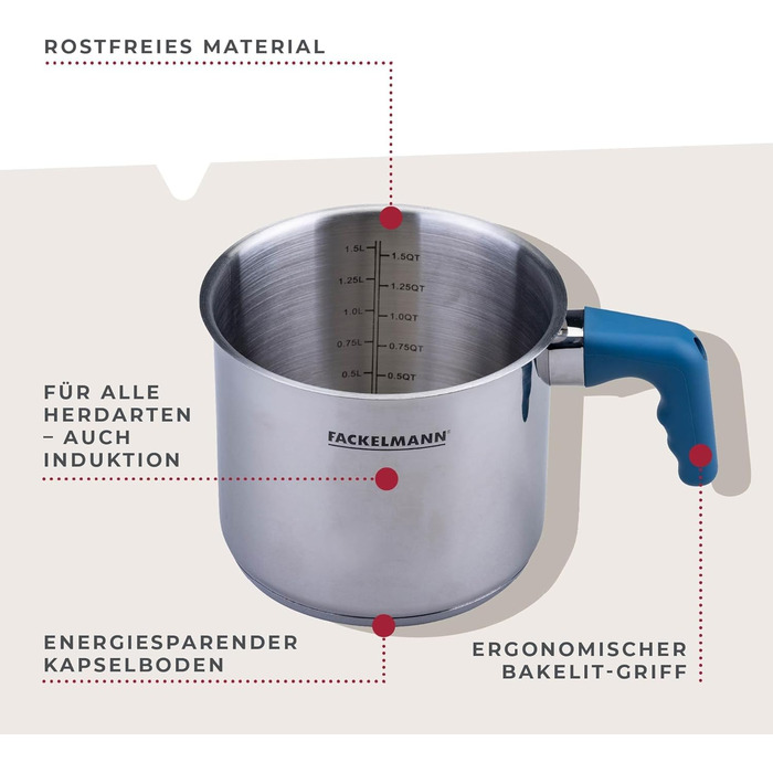 Молочник Fackelmann Essential Ø 14 см з нержавіючої сталі з ергономічною ручкою з бакеліту та літровою шкалою – підходить для всіх типів плит, синій