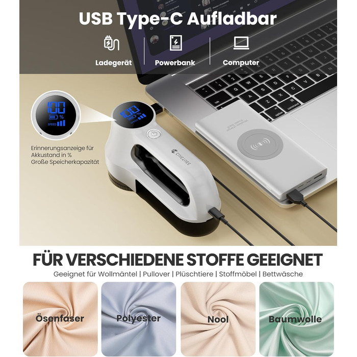 Електричний видалення ворсу CuieTuee з LED, USB-зарядкою, 3 швидкості, 2000mAh - для одягу, білий