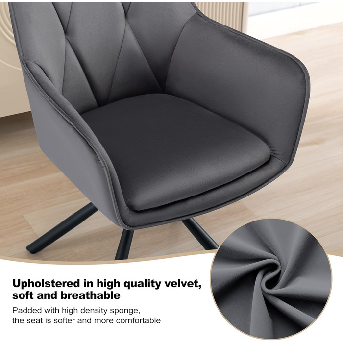 Набір обідніх стільців Lestarain 4 шт., поворотні, для кухні, спальні, вітальні, м'які з підлокітниками та спинкою, металеві ніжки, оксамит, темно-сірий