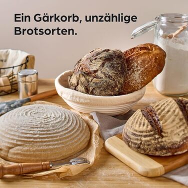 Набір кошиків для хліба Praknu (2 шт.) з ротангу, 25 см - з щіткою, льоновим вкладанням та мішком для хліба