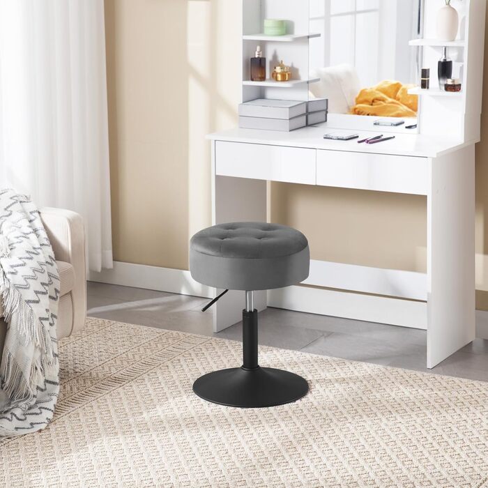 Крісло для туалетного столика WOLTU BH329sz-1, пуф з місцем для зберігання, регульована висота, обертається на 360°, сірий велюр