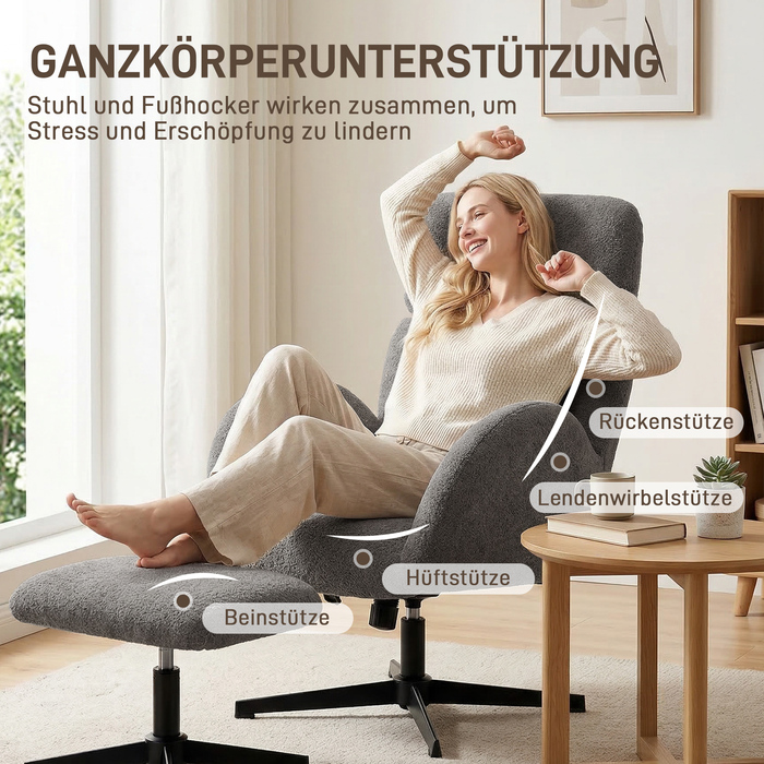 Обертовий крісло з пуфом, регульоване крісло-акцент з регульованою підголівкою, функція гойдання, сірий колір