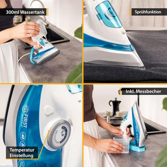 Пароочисник TZS First Austria I 2290-2720W | Керамічна підошва, Самоочищення, Вертикальна пара, Anti-Kalk, Сухе прасування, 0,3л резервуар, 1,2 кг, Чорний/Білий