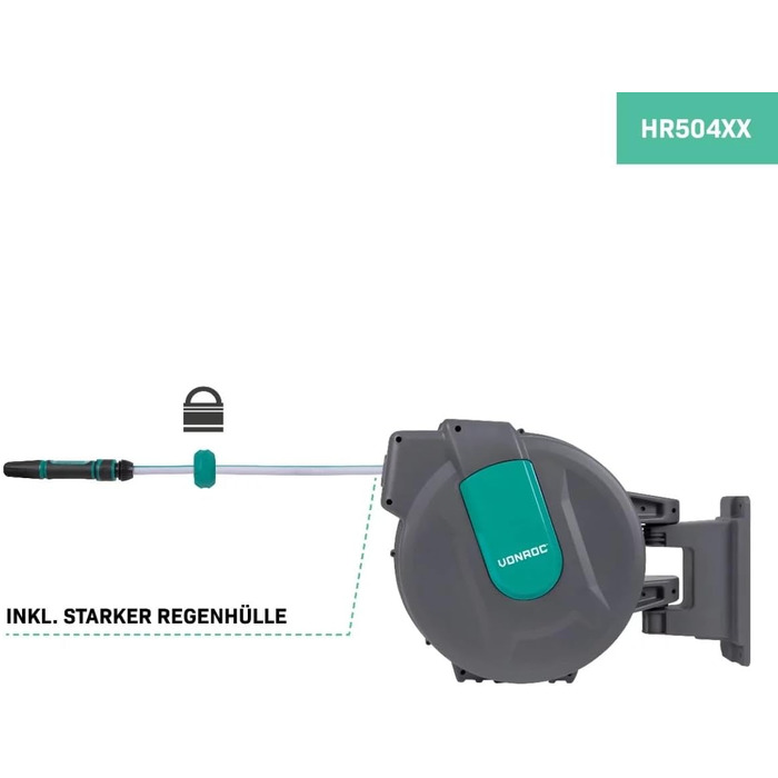 Шланг садовий VONROC 35 метрів з автоматичним згортанням та тримачем для стіни - Шланг на котушці, 180° поворот, зелений