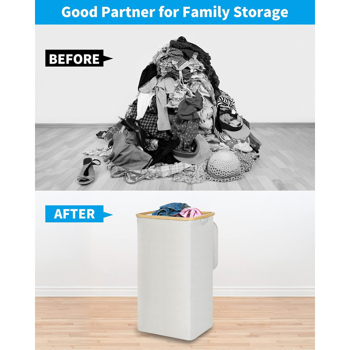 Великий кошик для білизни з кришкою, 100 л, з бамбуковими ручками, для зберігання одягу та іграшок, складний, з внутрішньою кишенею, для спальні та ванної кімнати