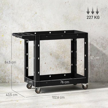Набір інструментів на коліщатках з двома ящиками, ручка, колеса, пластик, чорний