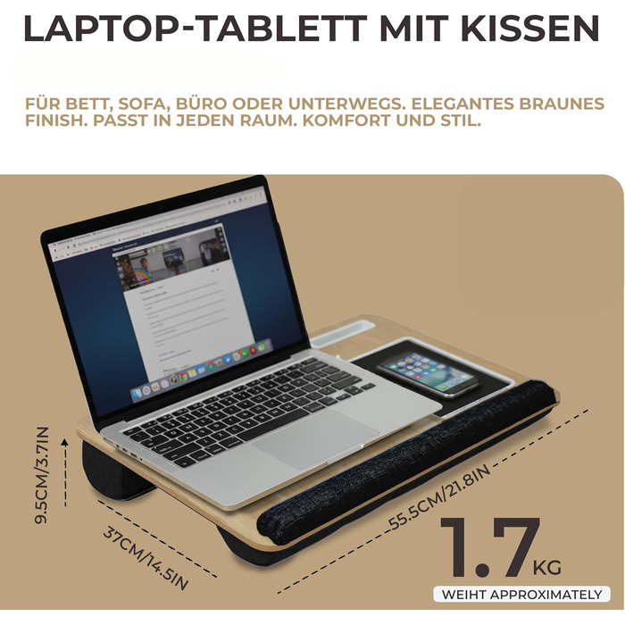 Підставка для ноутбука в ліжко та диван – з подушкою, тримачем для телефону та підкладкою для зап'ястя – підходить для ноутбуків до 17' – легка та комфортна для офісу, навчання та відпочинку (Сірий, Чорний)