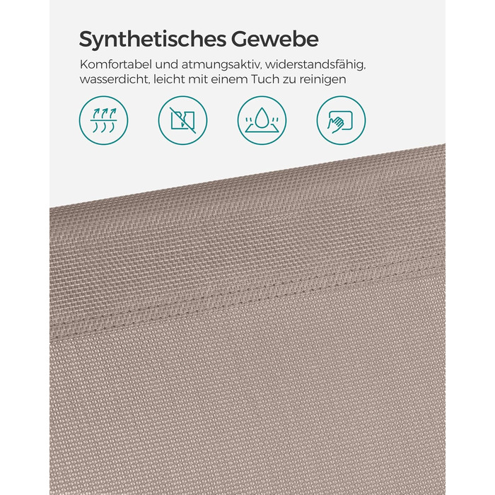 Лежак для відпочинку SONGMICS, розкладний, 193 x 53 x 29 см, до 150 кг, захист від сонця, подушка, регульована спинка, для саду, басейну, тераси (Taupe, без наматрацу)