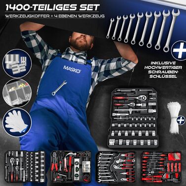 Набір інструментів MASKO 1400 предметів в алюмінієвому кейсі на колесах для дому, авто та хобі | Професійний інструментальний візок
