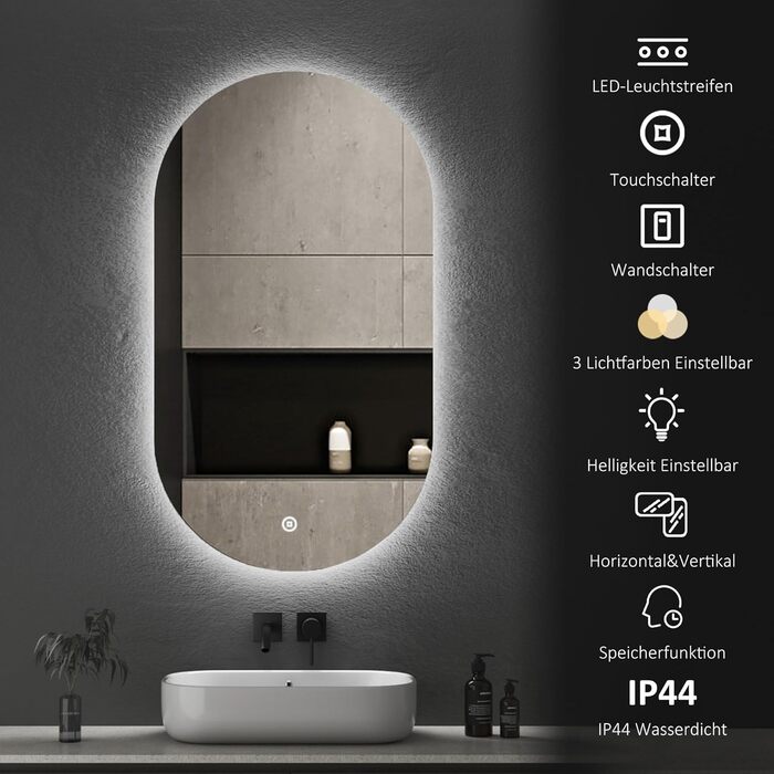 Дзеркало для ванної кімнати Boromal з підсвічуванням, овальне LED, 50x90 см, сенсорне керування, диммування, 3 кольори світла