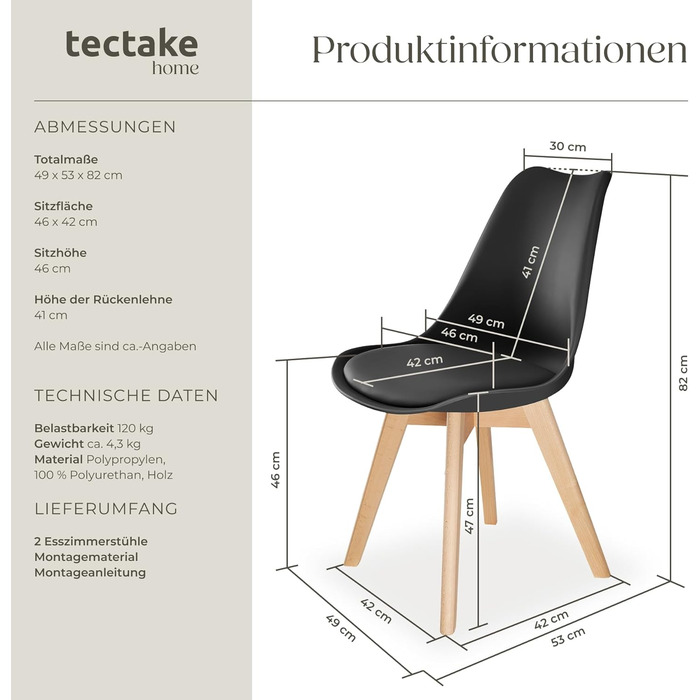 Тектейк® Комплект обідніх стільців Frederikke II (6 шт.), чорний, сучасний дизайн, для кухні, вітальні, офісу, скандинавський стиль