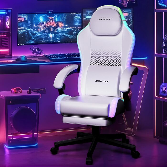 Ігровий крісло Dowinx з RGB підсвічуванням, LED, з підніжкою, для дорослих, ергономічний, з масажем попереку, з PU шкіри, білий