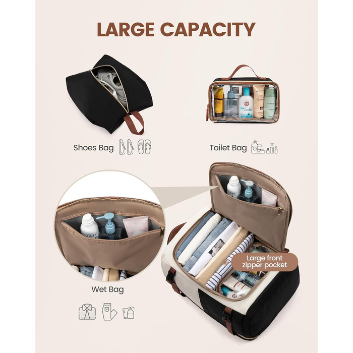 Рюкзак для подорожей LOVEVOOK 40L для жінок, ручна поклажа, рюкзак для авіаперельотів, сумка-рюкзак для бізнесу, школи, вихідних, бежевий хакі (17 дюймів, 40L, чорний+бежевий+коричневий)