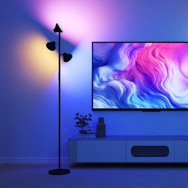 Стильна підлогова лампа з регулюванням яскравості та лампою для читання, RGB-підсвічування з можливістю зміни кольору, керування за допомогою пульта дистанційного керування та сенсорної панелі, 3 поворотні головки, чорний колір.