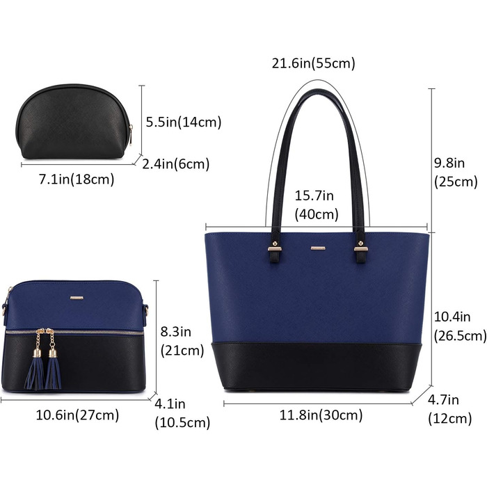 LOVEVOOK Набір сумок для жінок: 3 шт. (шоппер, сумка на плече, сумка з ручкою) для подорожей, бізнесу, покупок (синій+чорний)
