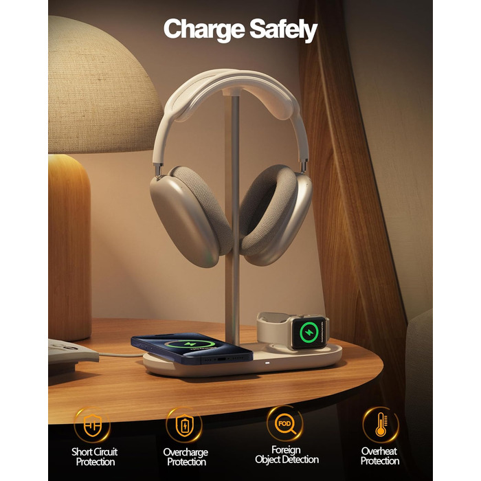 Підставка для навушників HiWe 3-в-1 з бездротовим зарядним пристроєм для телефону/AirPods/iWatch. Алюмінієва стійка, шкіряний підклад, ABS-основа, білий колір.