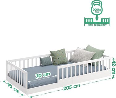 Ліжко-підлога CADANI Timi 2в1 Монтессорі 120x200 см для дітей з бортиками, ламелями, з масиву сосни, біле. 3 варіанти збірки, до 200 кг, розбірне.