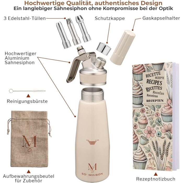 SO'Maison Sahnespender 500 мл – професійний сахнеспрей для збивання вершків, мусів та еспуми – вінтажний дизайн, з рецептами для самостійного наповнення