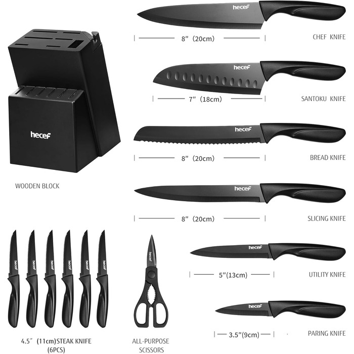 Набір кухонних ножів Hecef 15 предметів з бруском, чорний, з антипригарним покриттям, можна мити в посудомийній машині, самозаточуваний брусок, ергономічні ручки, кухонний набір ножів для початківців та кулінарів-ентузіастів