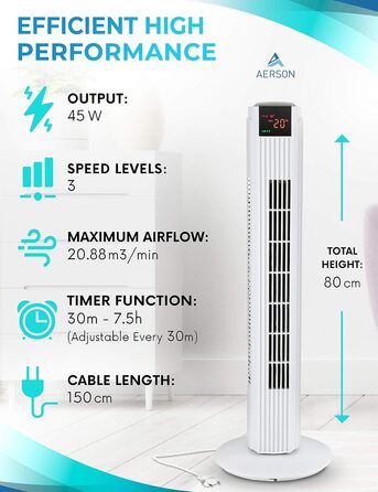 Баштовий вентилятор AERSON з пультом дистанційного керування 80-90 см / 45 Вт Вентилятор на п'єдесталі з коливанням Вентилятор 3 ступені Світлодіодний дисплей Таймер відображення кімнатної температури Баштовий вентилятор (білий / 80 см)
