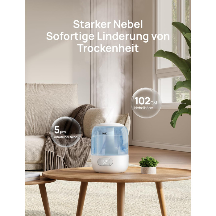 Зволожувач повітря Dreo для спальні, ультразвуковий холодний туман, 30 годин роботи, 3L резервуар з верхнім заповненням, датчик вологості, нічне світло для дітей, кімнати, рослин та дому (Blue)