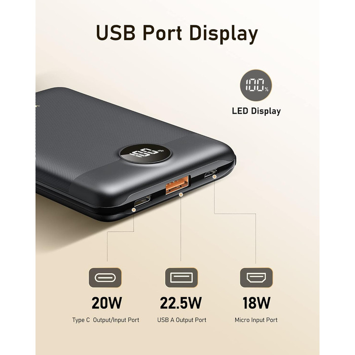 Зовнішній акумулятор Power Bank 10000mAh VEEKTOMX 22.5W Mini PD3.0 QC3.0 USB-C сумісний зі смартфонами