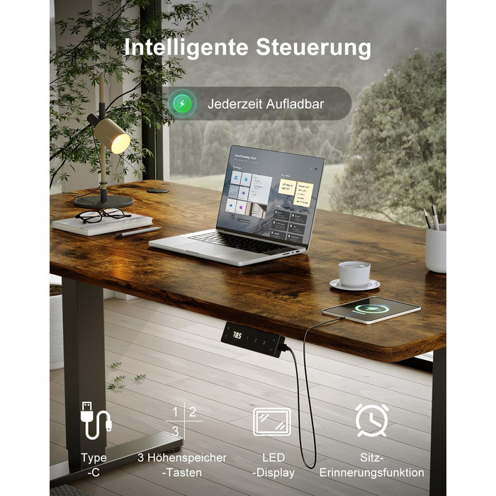 Регульований стіл Devoko 200x80 см з USB-C, електричний, мобільний, з органайзером для кабелів, білий/вінтажний коричневий